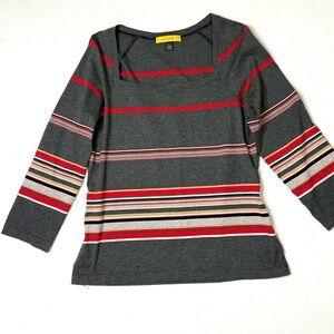 St. John Striped Gray & Red Square Neck Top 3/4 Sleeves Size Large